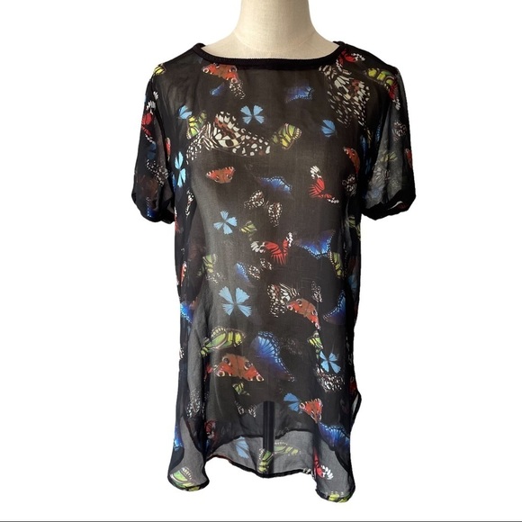 Joe Fresh black sheer  butterfly short sleeved tunic blouse top - Picture 1 of 7